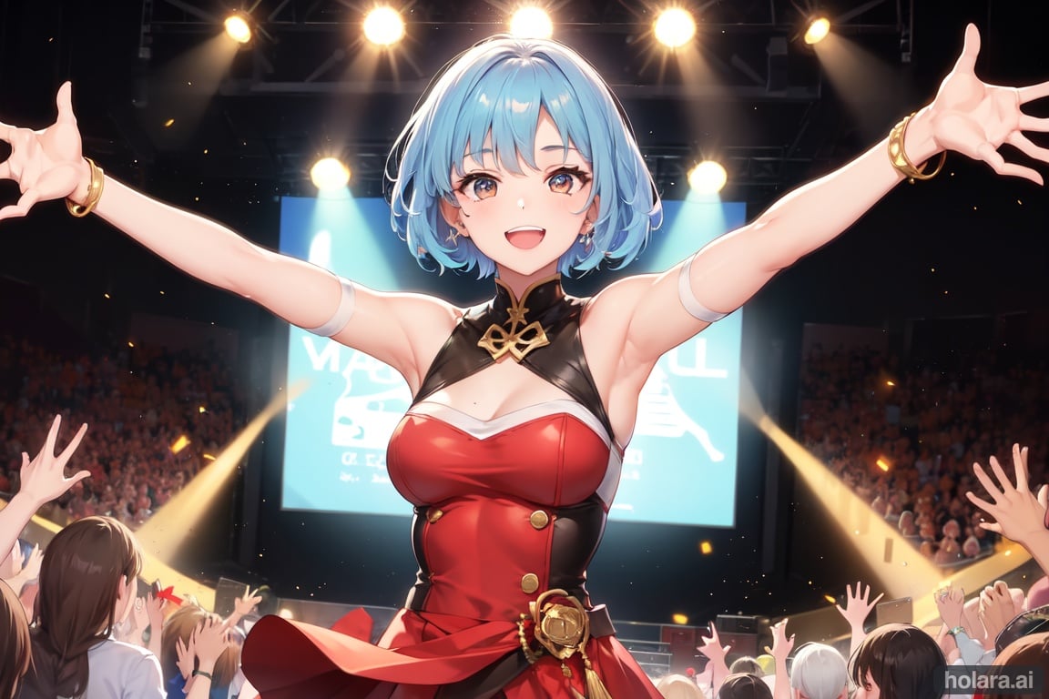 Image of A tall joyful girl with short hair smiles at a concert beauty