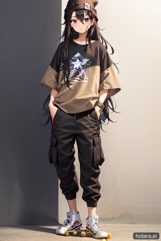 Image of masterpiece++, best quality++, (messy hair)++, (skateboarder)+++, solo, (black oversized shirt)+++, (beige cargo pants)+++, (Converse shoes)+++, (long hair)++, (beanie)++, (black hair)++, 1girl, road background, (hands in pockets)++, perfect, 4K, 8K, cinematic, vivid colors, beautiful brown eyes+, alone, solo, teenager