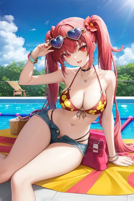 Image of masterpiece, best quality, 1 girl, medium breasts, twintails, bikini, vibrant colors, halter neck, high-waisted bottoms, tropical print, oversized sungles, statement earrings, wooven tote bag, poolside lounging, confident pose, luxurious, glamorous, ((indoor pool)), natural lighting, open mouth