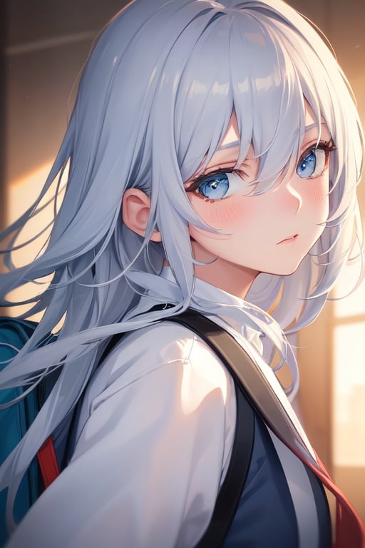 Image of silver blue hair, long hair, oversized white jacket, bagpack,wind blowing, from behind, looking at viewer, head tilt,close-up, expressionless, blushing, masterpiece++,ultra-detailed++, extremely detailed++, best lighting++, best quality++, cinematic shot+, extremely detailed eyes++, sunlight+, blurred background