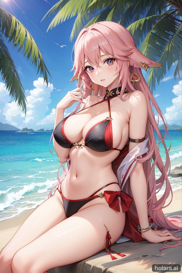 Image of masterpiece, 1girl, (yae miko), swimsuit, bikini, beach, parted lips, navel, cleavage,