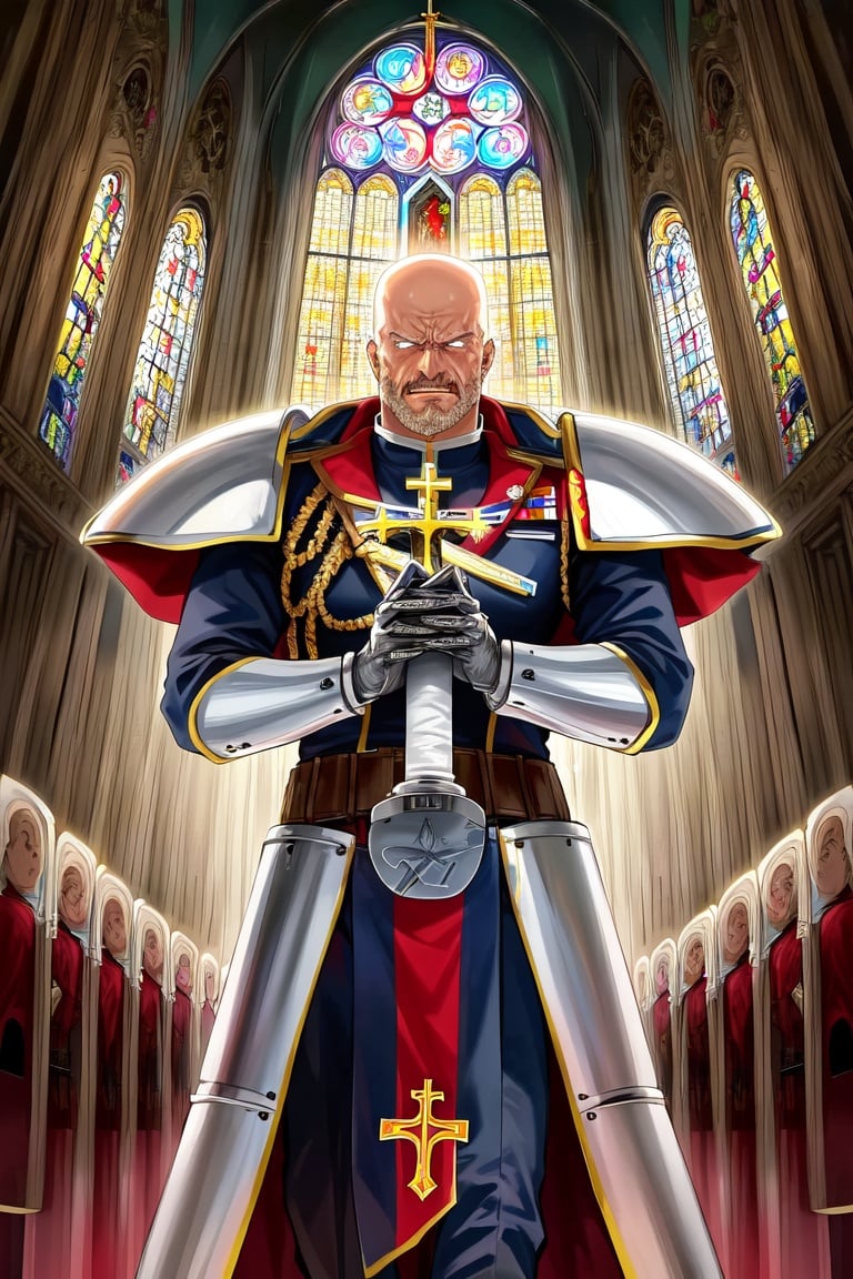 Image of 1man, bald, warhammer 40000, space marine, glowing eyes, angry, space marine armor, pope, vatican, full white armor, church, masterpiece, heavy gun, bolter gun, holy cross, vivid colours, proper hands+++, highres+, ultra-detailed+, illustration+++