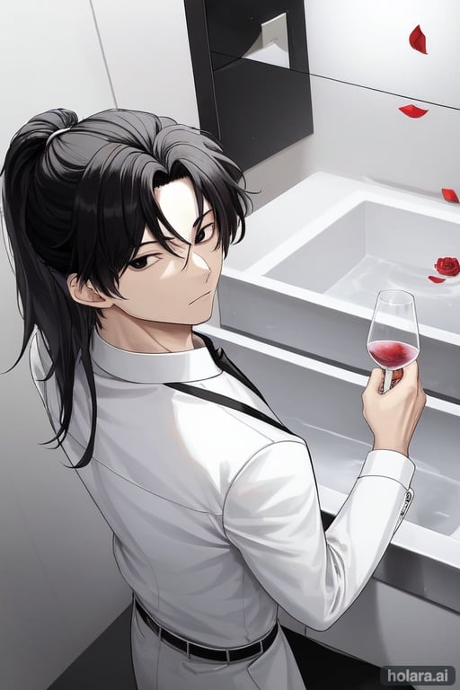 Image of A Korean man with black hair and black eyes who is dressed in a white soaked shirt and black pants dressed in black men's shoes lies in the bathroom in a white bathtub with rose petals and holds a gl of wine in the bathroom