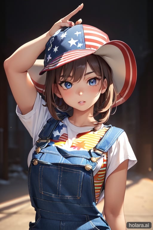 Image of masterpiece++, best quality++, ultra-detailed+, (american girl)+, (United States)+++, (redneck)+, (holding a pistol)++, 4K, 8K+, best quality, beautiful+, (american flag cap)+++, brown hair, vivid colors, american, blue eyes, (light skin)++, (day)+++, beautiful, overalls+++, (pickups background)++, girl, anatomic hands