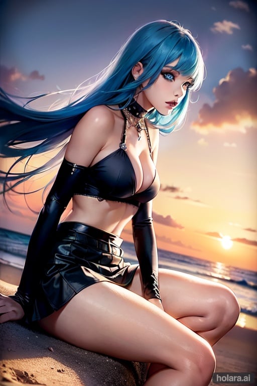 Image of 1girl, solo, sitting, from side, sky blue hair, blue eyes, happy, long hair, biker clothing, (skirt)+++, gothic, punk, (gothic makeup)+++, flirty, long flowing hair, beach, sunset, beautiful, seductive smile, straight cut bangs, lounging on the beach, siren, mermaid vibes, proportionate, HD, HQ, 8k, Gorgeous, detailed, model, sexy clothing, cleavage, high quality, skirt, original, bare shoulders, cute, thighs