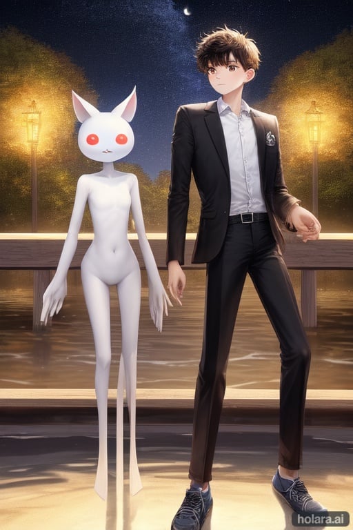 Image of (masterpiece), best quality, expressive eyes, perfect face, seen from a side, 1boy, seventeen years old, short brown hair, black eyes, sad expression, white buttoned shirt, orange sports jacket, black tennis shoes, black pants, looking at the water, Kyubey behind the boy, Kyubey looking at the boy, standing, standing on a pier, piers in the back, night sky, full moon, 