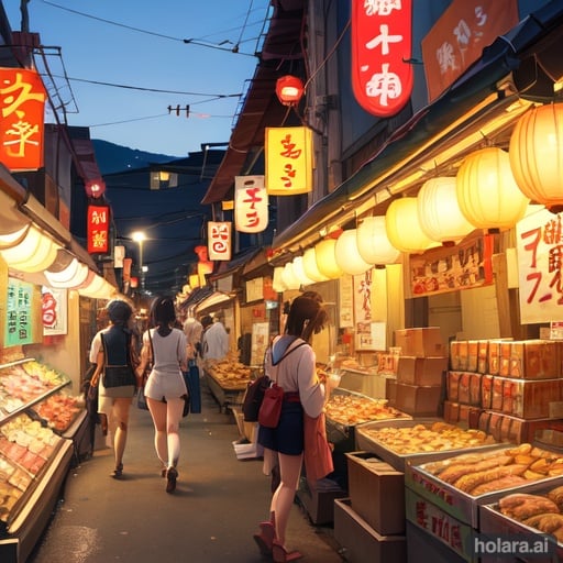 Image of brown and gross dirty Japanese market, at night, brown dirty gross looking Japanese like market brown and dirty, Japanese anime advertisements, Japanese cartoon signs ads, anime advertisements signs, poop girl