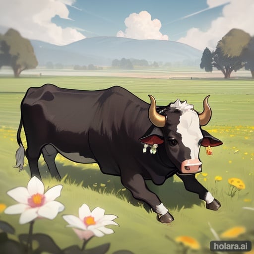 Image of Cow, field, horns, flower, stable