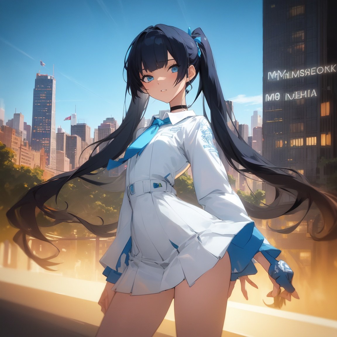 Image of cowboy shot model-rin is a striking beauty With Blue cute loli++ mecha-- girl black hair fading into Blue++, and captivating Silva eyes, (middle breast)++, white hero suite++, (city central park in the background)++ gorgeous++, detailed++, one-piece pleats miniskirt dress, highly detailed++ (typography Design headphone)++ necktie choker twintail