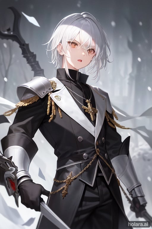 Image of boy, white hair, black hair ends, white eyes, scar on eye, black coat, dark fantasy, hidden armor, open mouth, long sleeves, gloves, original, closed mouth, hair between eyes, necklace,  white background, weapon, snowing