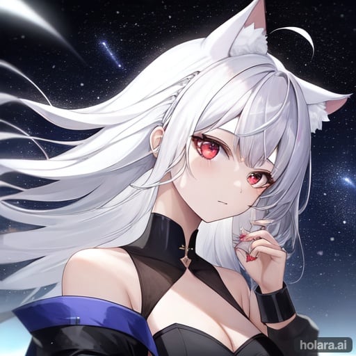 Image of 1girl, solo, starry sky, white hair, long hair, cat ears, red eyes