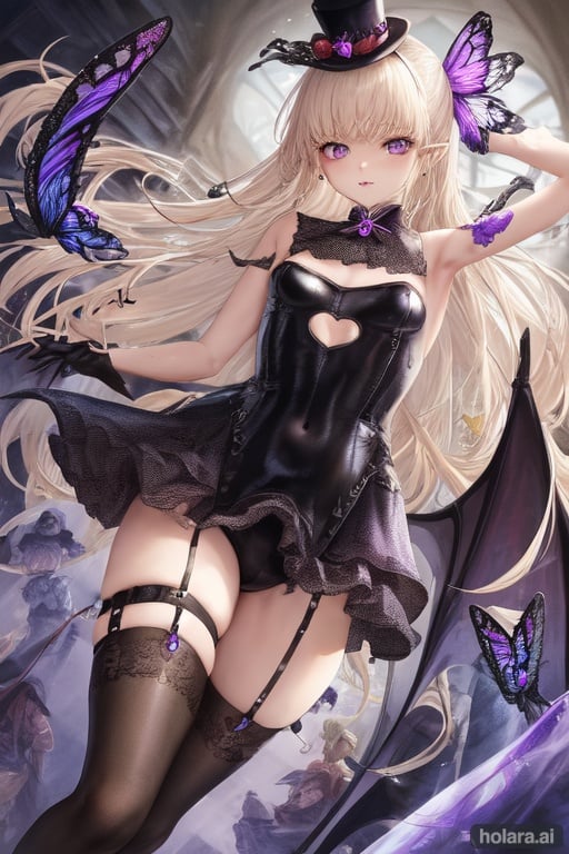 Image of (masterpiece, best quality, ultra-detailed, illustration,fantasy, extremely detailed), platinum blonde long hair, bangs,purple eyes,black mini bowler hat, black lolita fashion,black butterfly flying in background,