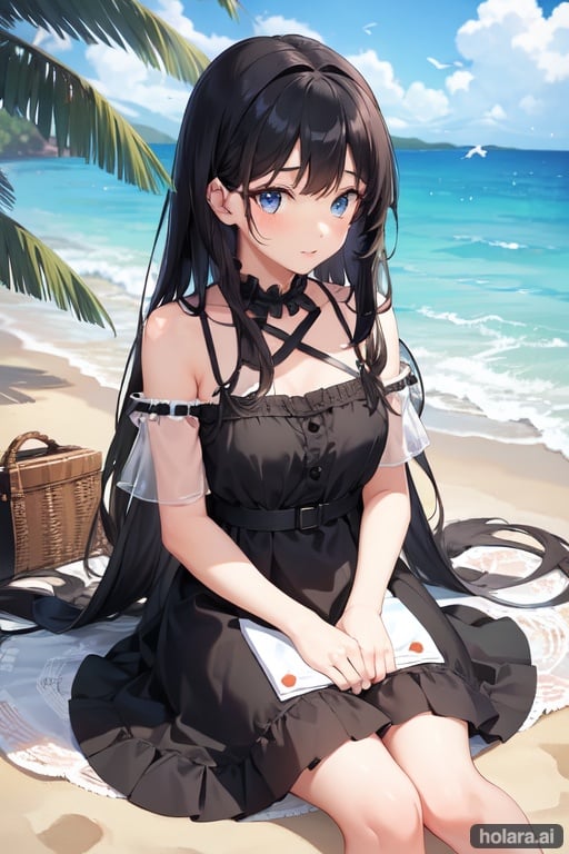 Image of girl, long black hair, blue eyes, cute dress, siting by water, beach, birds fly overhead