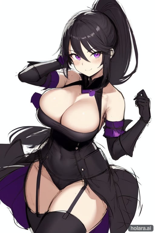 Image of looking at the viewer+++, sketch+++, monochrome+, purple eyes, ponytail, smile, full face blush+, black hair, big breasts++, large breasts+, thick, thighhighs, gloves