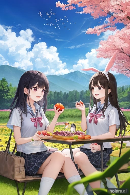 Please create an image of a scene where high school girls are having a picnic. They are wearing bright uniforms and sitting with smiles in a flower field. The background features a blue sky with white clouds, and beautiful mountains can be seen in the distance. The girls are unpacking their lunchboxes and enjoying pink rice balls and colorful fruits. Adorable animals gather around them, with rabbits and birds approaching the girls. This artwork captures a bright and joyful atmosphere, depicting the energy and carefree moments of high school girls.