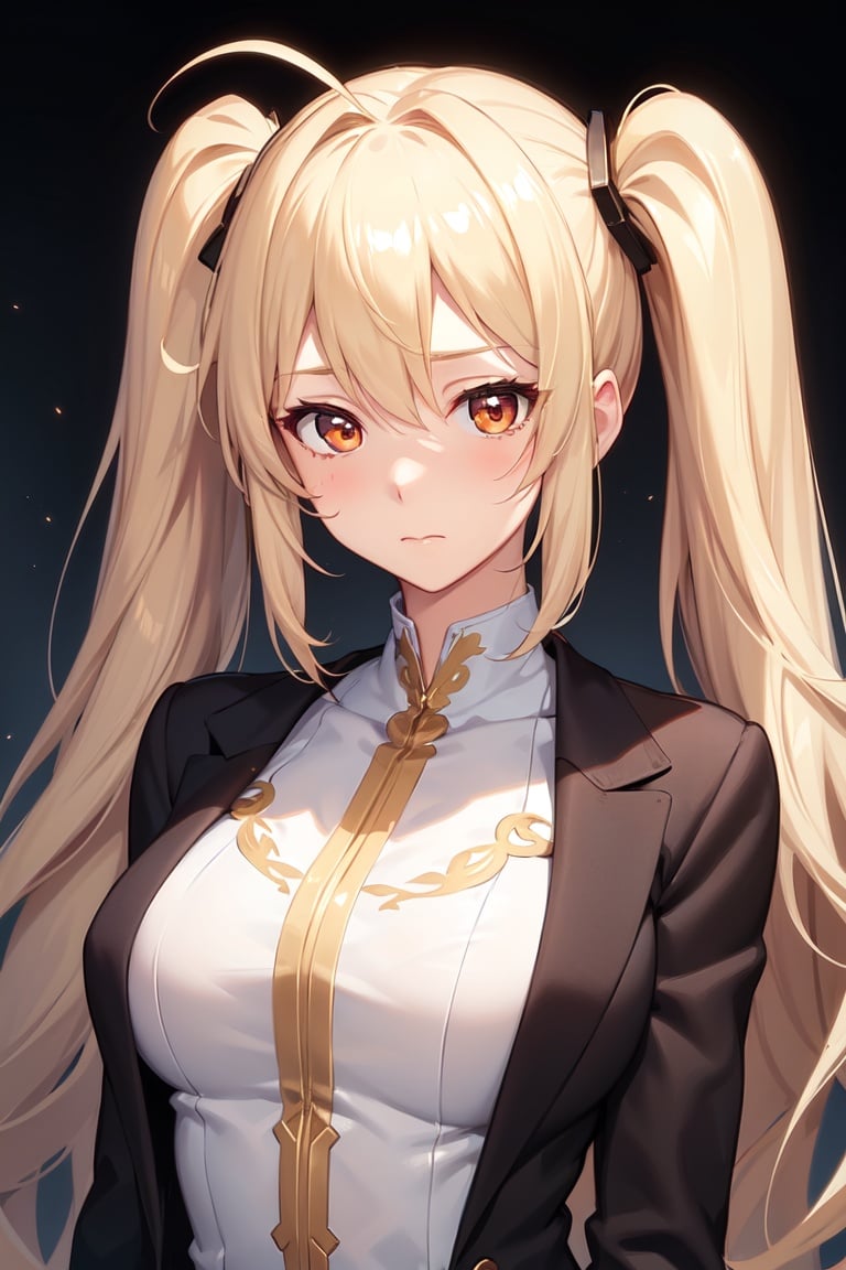 Image of 1girl, solo, cute, ahoge, shiny skin, shiny clothes, shiny hair, tall female, medium breasts, blonde hair with twintails, orange eyes, business suit, closed mouth, embarred, nervous, masterpiece, best quality, looking at viewer, volumetric lighting, intricately detailed outfit, intricately detailed face, perfect eyes,