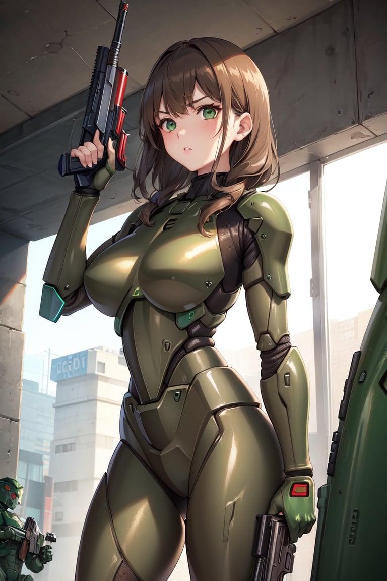 Image of girl, brown hair, green eyes, doom, (power armor)+++, shotgun+++, latex++