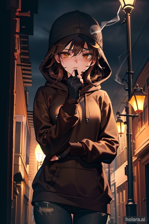 Image of masterpiece++, best quality++, (sad girl)++, (night time)+++, (street)+++, (wall lean)+++, (black hooded sweatshirt)++, (slightly dirty)++, 4K, 8K+, best quality, beautiful+, (brown messy hair)++, beautiful, emotinal, 1girl, (cinematic)+++, (lamp post light)+++, dark++, closed mouth, alone++, (slightly shadowed)+, cloudy weather++, (wet dark alley)++, solo, (basic pants)++, (beautiful brown eyes)+++, smoking++, (wool fingerless gloves)++, (hooded with a cap underneath)++