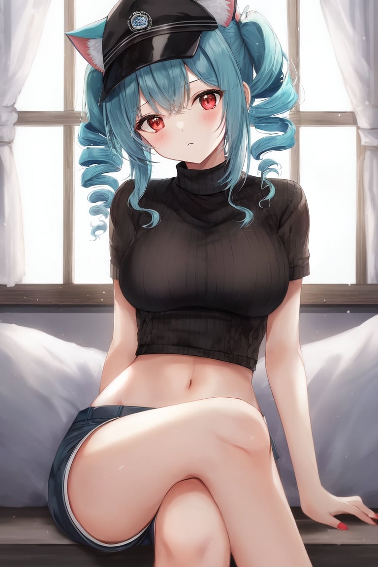 Image of 1girl, solo, soft lighting, cinematic lighting, atmospheric, sitting, crossed legs, aqua hair, red eyes, :<, drill hair, hat, cat ears, sweater, shorts, armband, midriff, hair ornament, head tilt