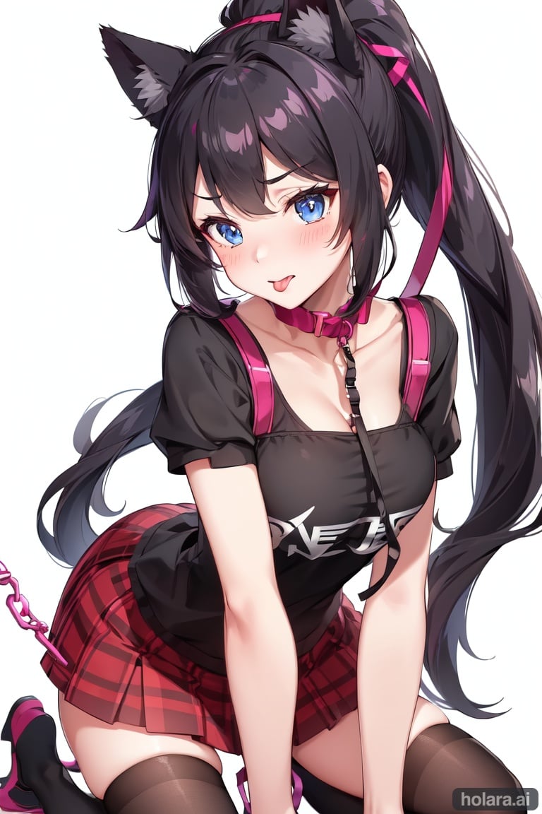 Image of 1girl,long hair,medium boobs,skirt,ponytail,  simple background, all fours, blush+,embarrassed, tongue out, cat ears,collar,leash+++,masterpiece+++,high quality+++, thighhighs, blue eyes, black hair,crop top