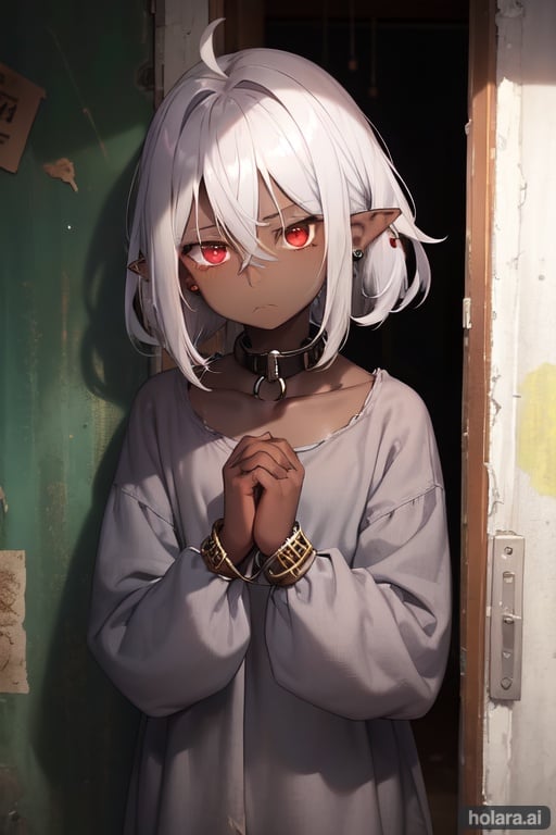 "Good quality"+++, "Loli", "Old clothes"++, "dark gray skin"+++, "pointed ears"+++, "Short gray disheveled hair"+++, "shackles on the hands"+, "iron collar around the neck"++, "unfortunate look"++, "baggy fabric", "looking into the camera", "market landscape, grayness", "slums".