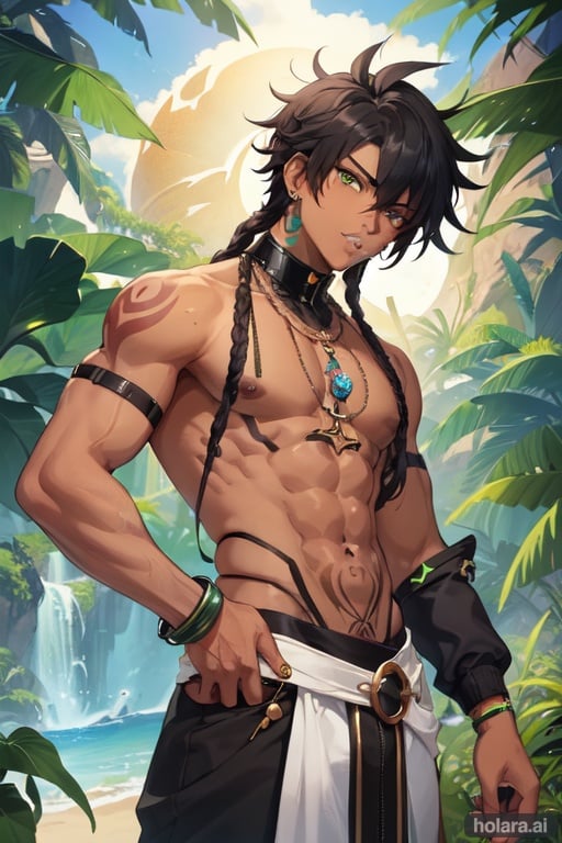 Image of 1boy gay bara interracial black skinned muscular androgynous realistic face with dreadlocks tattoos piercings scientist kinky brown hair green eyes solarpunk metropolis with lush vegetation in the background hyper realistic  