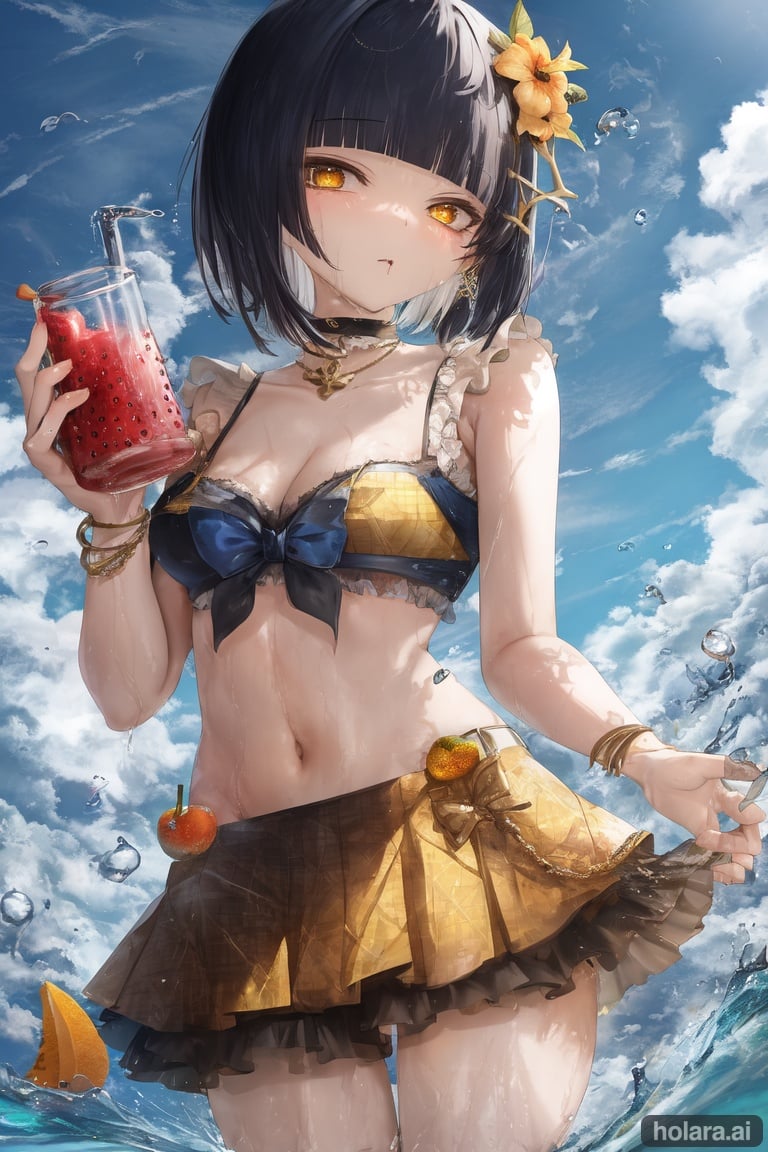 Image of 1girl,dark blue hair,blunt bangs,short hair,yellow eyes,slanted eyes,flat chest,drinking,juice,orange fruit,skirt,hair ornament