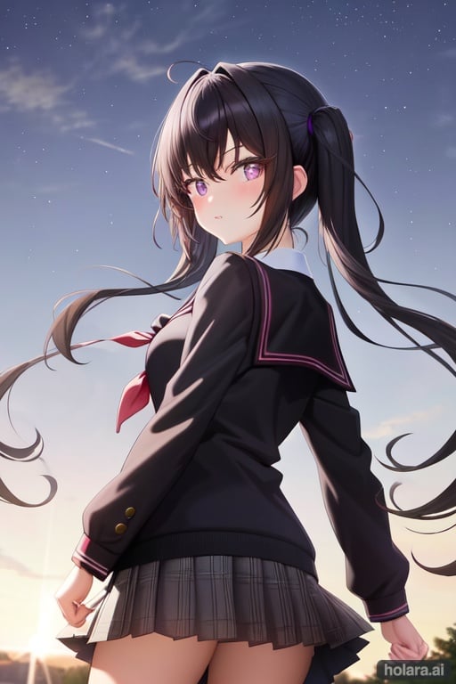 Image of 1girl, black hair, purple eyes, twintails, school uniform, cliff, nighttime, 2000s (style),  outdoors