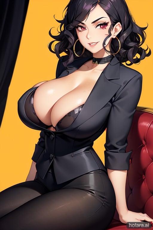 Image of 1 girl, solo, looking at viewer, mature, latina, evil smile, black curly hair+++, thick lips+, thick eyelashes+, eyeliner+, hoop earrings+, masterwork, super quality, ultra quality, villain, evil smile, from below, cleavage, (mafia woman)+++, jewelry, suit+++, sitting, tan++