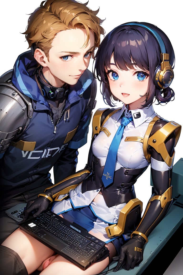 Image of (un Bare )++, ( couple, nice middle age gentle man)+++, (middle breast)+, (cyborg mecha girl, impossible clothes)++, (stylish angle)++, (necktie)+++, jitome, (typography industrial Design headphone)++++, (future (computer)+++ cityscape)+++, (cute loli)++, (cropped bangs)---, (braided bun)--, (drill hair)--, (lower bobbed hair)++, braid, (Twin tail)+++, (pony tale)+, (look at viewer)+++, (open mouth smile)+++, ((((((((in heat, wide eyes, blush))))))))), (detached sleevs, very wide sleeves)++++++, (mecha school uniform)+, (blue mecha corset miniskirt)++++++, (((((((((erectile bare s)+++, , ()+)))))))), (1 cyborg android middle chest loli)++++, (masterpiece, (excellent finely detailed, best quality), ultra-detailed), (stylish angle)+, (gleaming skin)+++++, glow eye, (eyes highlight)++++, tsurime, ((((choker)))), (black gloves, slobber, material texture), (beautiful light effect)+++++, (beautiful scene)++++++,