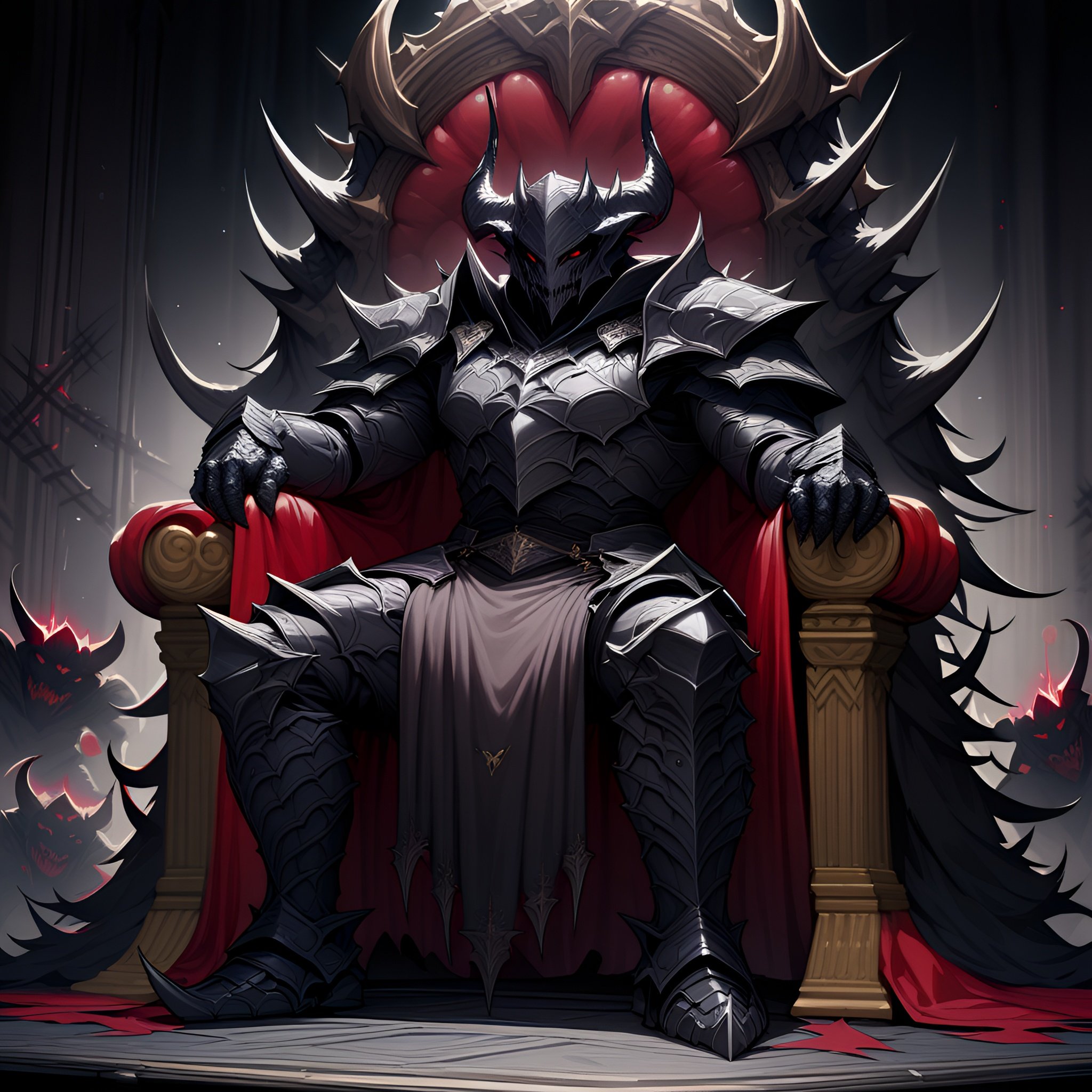 1man, solo, standing, demon, horns, demons armor++, cool armor+++, cool helmet++,  fantasy+++, demon lord+++++, sitting on the throne, 4k, 8k, ultra-detailed, high quality, high-detailed