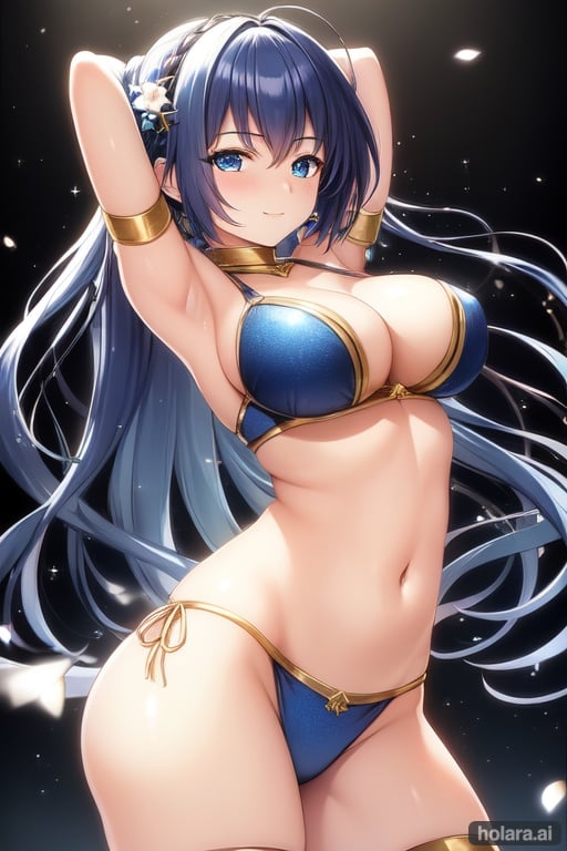 Image of best quality, ultra-detailed, high resolution, extremely detailed cg, anime picture,Fantasy, 1 girl, dancer, shiny dark blue hair, blue eyes, provocative costume, captivating smile, wide hips, dynamic pose