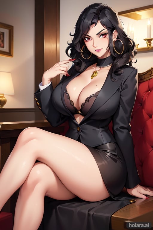 Image of 1 girl, solo, looking at viewer, mature, latina, evil smile, black curly hair+++, thick lips+, thick eyelashes+, eyeliner+, hoop earrings+, masterwork, super quality, ultra quality, villain, evil smile, cleavage, (mafia woman)+++, jewelry, suit+++, sitting, tan skinned++, (dark skin)