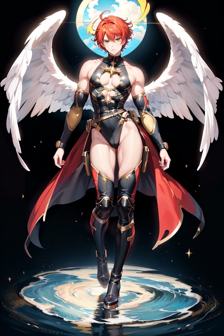 Image of 1boy, solo, standing, legs apart, furrowed brow, pout, high heel boots, yellow eyes, red hair, thighhighs, goggles, muscular male, manly, floating hair, god++, divine, leotard, angel wings