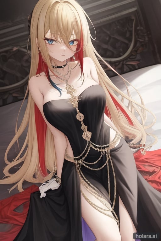 Image of (masterpiece), best quality, expressive eyes, perfect face, 1girl, sixteen years old, red silk sheets, matrimonial bed, multicolored hair, two-tone hair, blonde hair, red hair, long hair, blue eyes, reaching forward, black satin see-through gown, black sating gloves, black pantihose, red silk sash, black crown, playful expression, black chains around the body, 