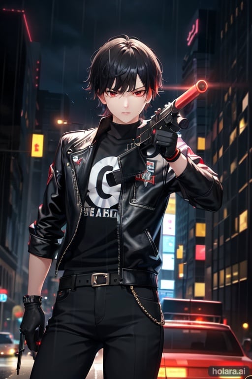 Image of Black hair, boy, short hair, neon lights, rain on ground, red eyes, holding, pistol, best quality, highly detailed, high buildings in background, pointing gun at viewer, disgusted, cigarette, black clothes, car behind character, perfect, masterpiece, black gloves, street, boy, black hair, highly detailed face, highly detailed pistol

