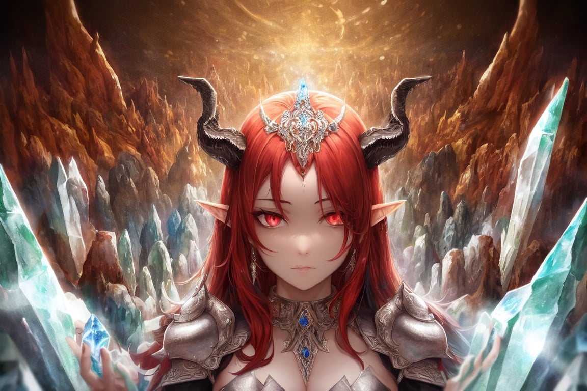 Image of (masterpiece), best quality, expressive eyes, perfect face, dragon horns, red hair, slit eyes, multicolored eyes, ethereal, fantasy, dreamlike, landscape, Intricate Surface Detail, Crystalcore, Crystals, Bejeweled, ethereal dress, fantasy armor,(abstract background), 