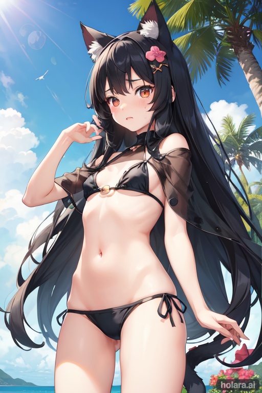 Image of 1 little girl,long hair,black hair,brown eyes,swimwear,hand between legs,skinny body shape,short of a person,embarrassed,from below,sky,sunlight,daylight,cat ears,having flowers,anime style,masterpiece,high quality,best quality, extremely detailed