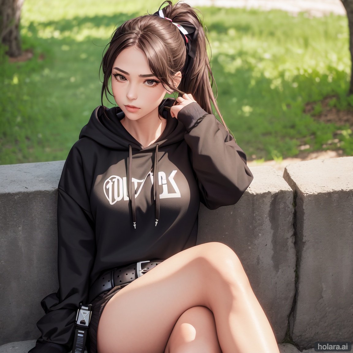 Image of 1girl, solo, crossed legs, brown hair, (black eyes)+, :p, hair ribbon, ponytail, hoodie, belt, outdoors+