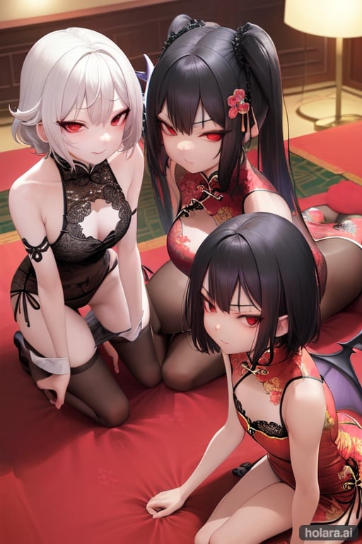 Image of  slip,downblouse,two women,chinese dress,lace ,succubus costume,on all fours,panty shot,tiny breasts,whole body,thin,small ,cute face,smirk,naughty expression,short hair,hotel,anime style,illustration