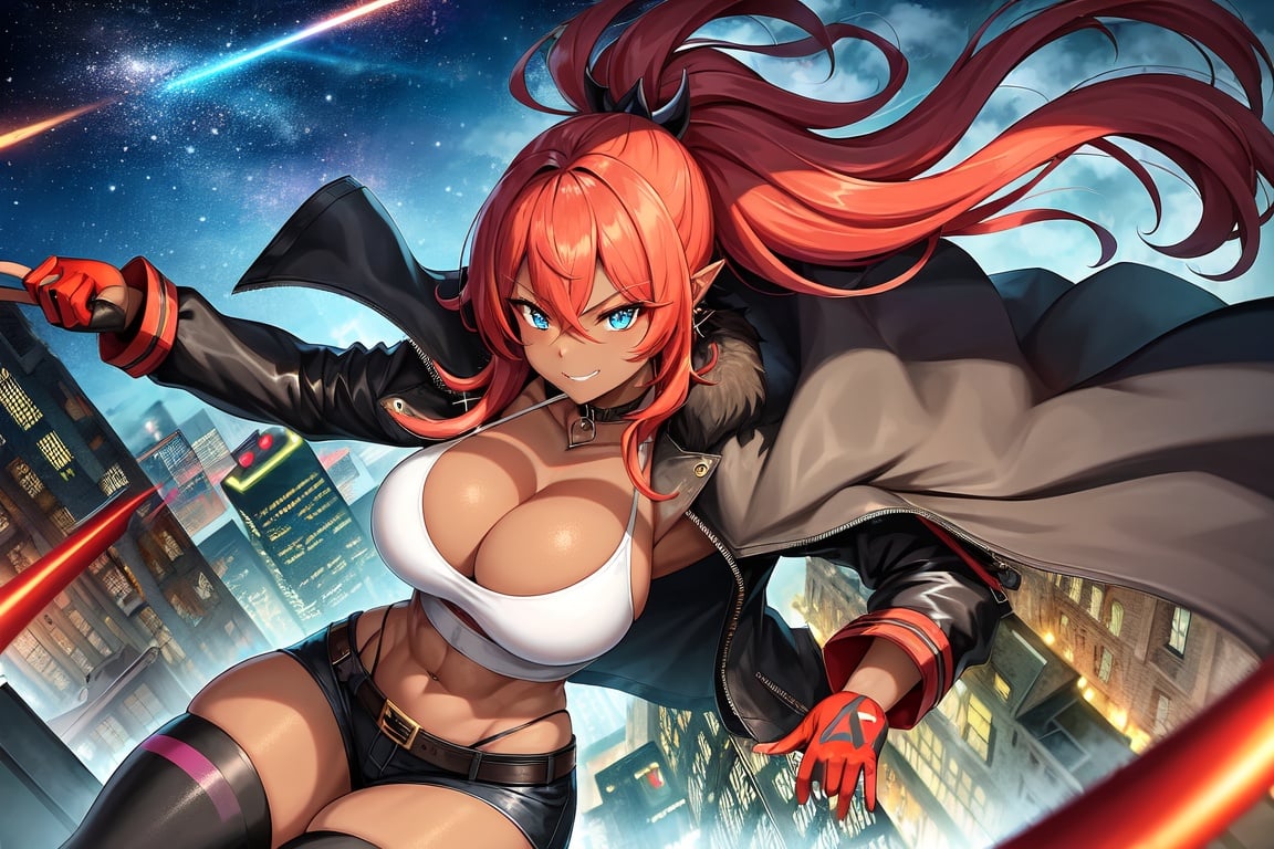 Image of (masterpiece, perfect anatomy, proper finger structure, perfect hands)++, best quality, highres, ultra-detailed, illustration, from above, outdoors, 1 girl, (dark skin), red hair, wavy hair, blue eyes, elf ears, curvy, sci-fi, jacket, thighhigh, citystreets. neon, nighttime,(toned body, tight clothes), (Broad shoulders,thick muscular body, abs+), dark and orange theme, cool, jacket, belts, shorts, dramatic shadows, fur collar, long hair, dark, crazy eyes, multicolored hair++, evil smile, complex background, Perfect female body, hair between eyes, bangs, eyebrows visible through hair, hair ornament,