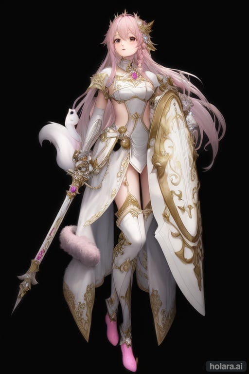 Image of (masterpiece), best quality, expressive eyes, perfect face, full body, 1girl, pink haired eighteen years old girl, standing up, dressed in a pink dress under a set of white armor, silver hairpin with a pink gem, white chest plate, white gauntlets, white greaves, white armored boots, thigh high pink stockings, cupping the hands upward, knee-reaching single braid, pink furred ears and tail, ghostly orbs all around, gathering energy between the hands