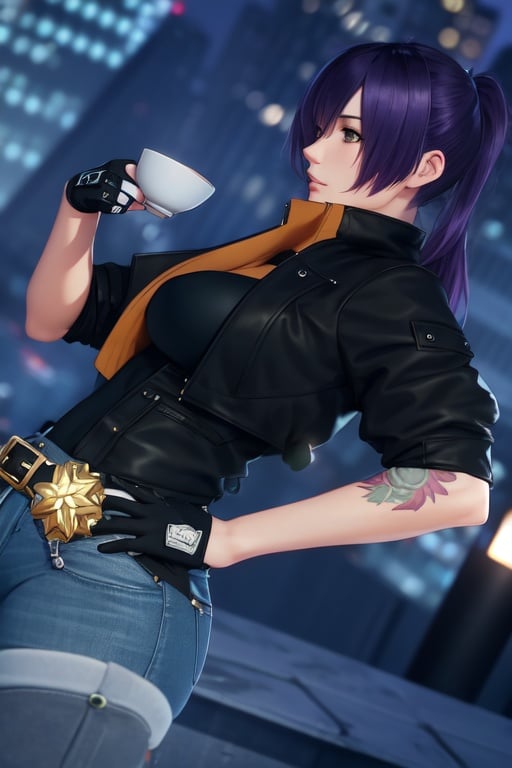 Image of rating:safe, gloves, fingerless gloves, 1girl, blurry, blurry background, depth of field, solo, purple hair, pony tail, coffee, jacket, short hair, green eyes, black gloves, breasts, blurry foreground, tattoo, coffee mug, open clothes, cityscape, outdoors, belt ornament, belt buckle