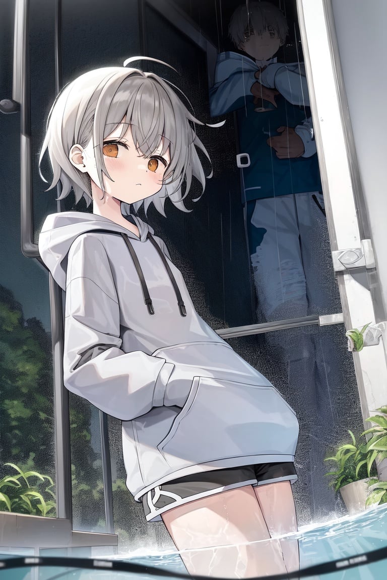 Image of illustration++,tyndall effect,1 little girl,cute face,(messy short hair)+,ahoge+++,(silver gray hair)+,(purple eyes)+,large black hoodie,shorts,(half-closed eyes)+++,dazed+++,rain+++,(wet clothes)+++,(wet hair)+++,front door, nervous