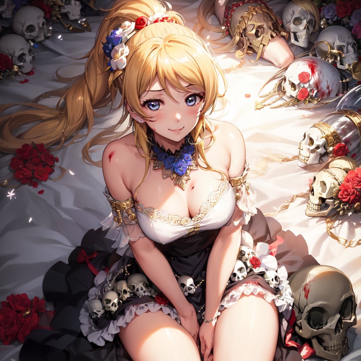 Image of (lovelive)+++,(ayase eli)+++,(hand between legs)+,(Intricate skull accessory)++,(return blood)+,(blood splatter)+++,(blond hair)++,(countless corpses)+++,(bloodshed)+++,(intricate and delicate ornaments and dress)+++,(from above)+,(ponytail)+++,blue eyes++,(hair flower)+++,1girl, solo,very long hair,(hair ornament)++, smile++,(layered dress)++,