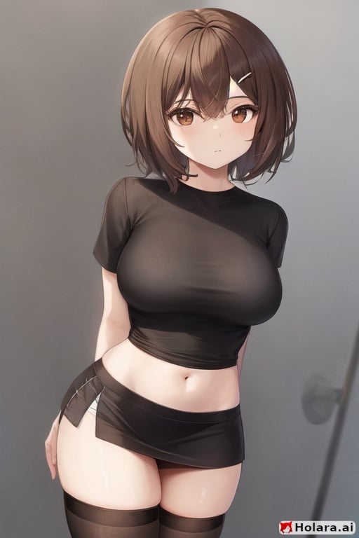 Image of Short Brown hair Girl with a t shirt, skirt and thigh highs, and Brown eyes