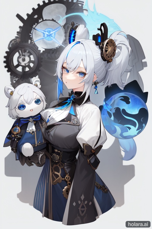 Image of furina,(genshin impact),white hair like blue locks,(Steampunk Clothing Color Blue Grey Black)+