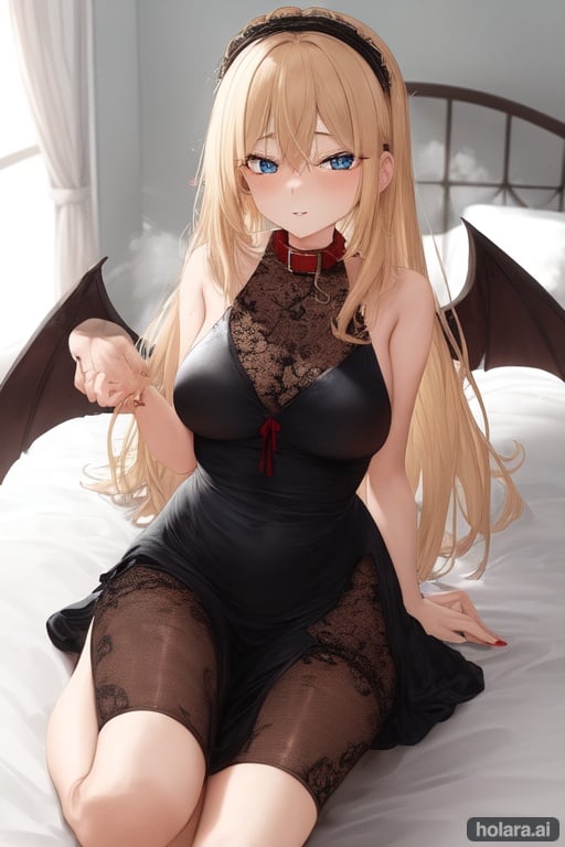 Image of (masterpiece), best quality, expressive eyes, perfect face, a woman with blonde hair dyed red halfway down crouching on a bed in a black dress with a thick red collar and black lace, dull blue eyes, lustful expression