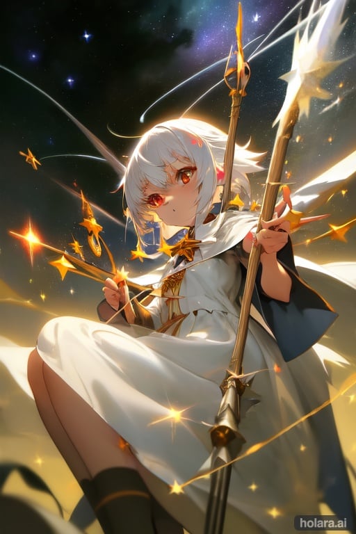 Image of Little witch girl, white silver hair, moonshine, red eyes, witch cloak, fire magic, fire flames, 1girl, solo, (starry sky)+++, flames around her, magic circle,  soft lighting,  magic wand, fly with broom, spell, halo above head, look from front, wings, star dressed, night, (masterpiece)+++, summons fire with her wands, sworld fire 