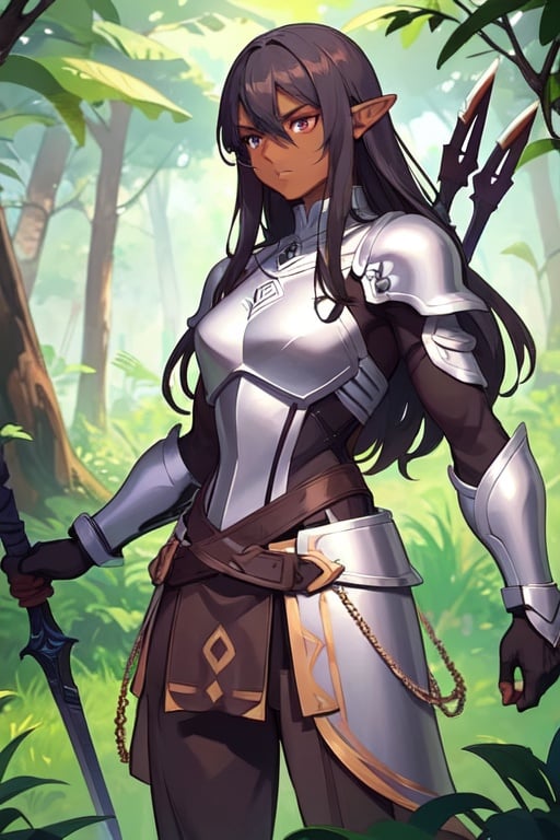 Image of elf, dark skin, long dark curly hair with bangs, dark red iris eyes, athletic, tall, strong muscles, thin, small/medium hips and bust, in light gray armor with distinctive symbols, dark silver chain mail, brown leather, cloth in light brown, brown pants, metal and cloth details, hands with cut gloves, light brown glove, alone, face showing, without helmet, frontal view, in a combat position with a weapon, a spear, with a serious look and a serious and determined face, background of a dense forest, rich environment of herbs, plants and small insects, combat marks on your armor, blade scratches and damage to your armor